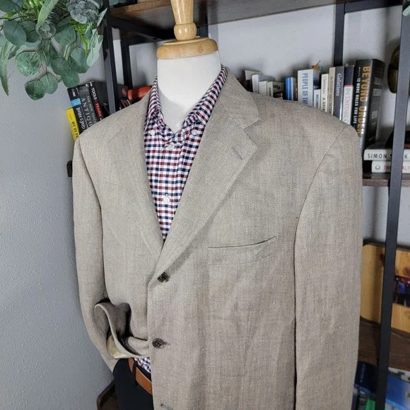 Eddie Bauer Men's Sport Coat Blazer Two Button Beige Herringbone Irish Linen 44R